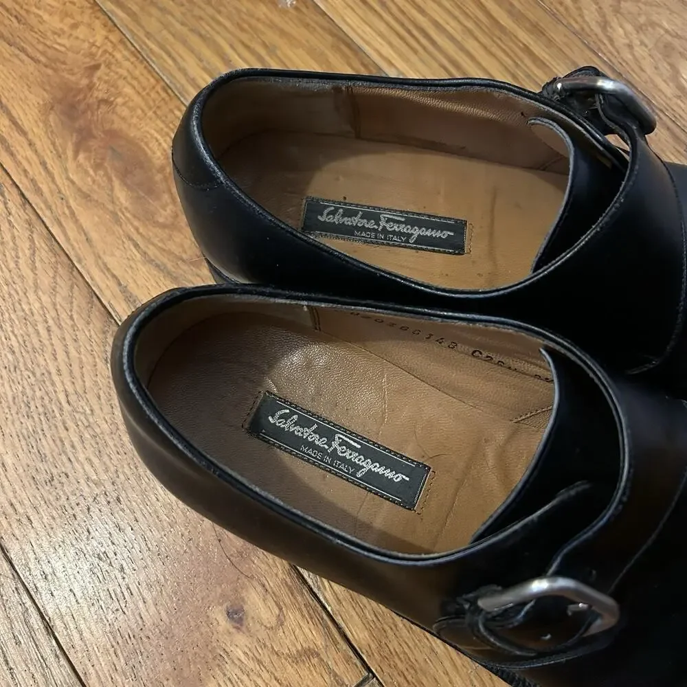 Vintage Salvatore Ferragamo Monk Strap Black Leather Oxford Shoes Size 8.5 E